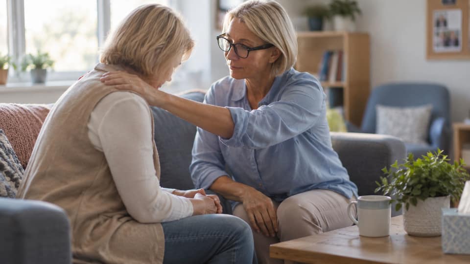 One woman rests a hand on another's shoulder as they talk quietly on a couch